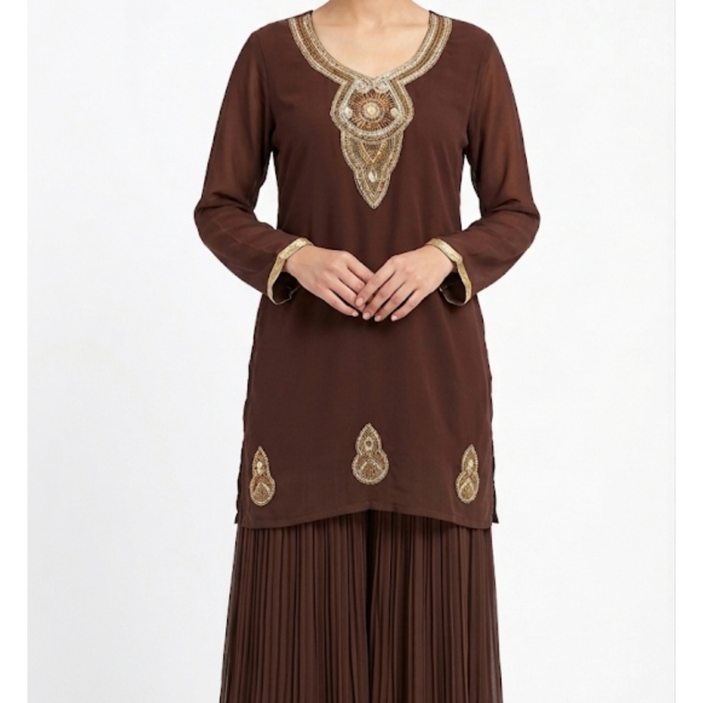 Brown Indian  Embellished V-Neck Tunic with Gold Beading Top - Picture 16 of 17